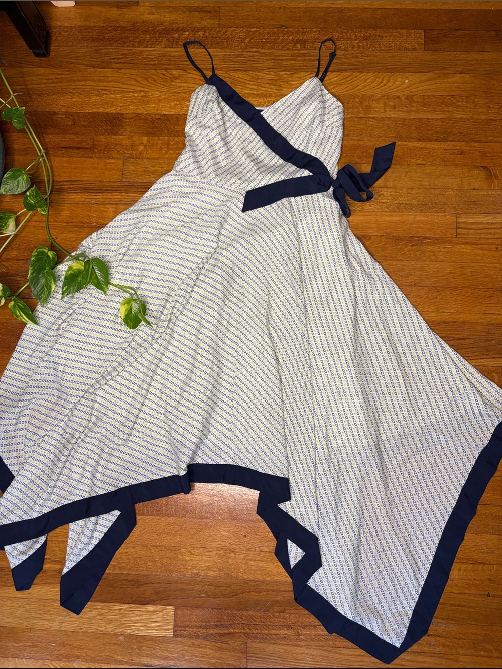 Banana Republic White Dress with Blue Trim Asymmetrical Wrap